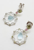 18ct White Gold Topaz, Pink Sapphire and Diamond Round Drop Earrings