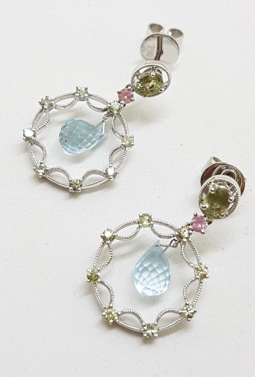18ct White Gold Topaz, Pink Sapphire and Diamond Round Drop Earrings