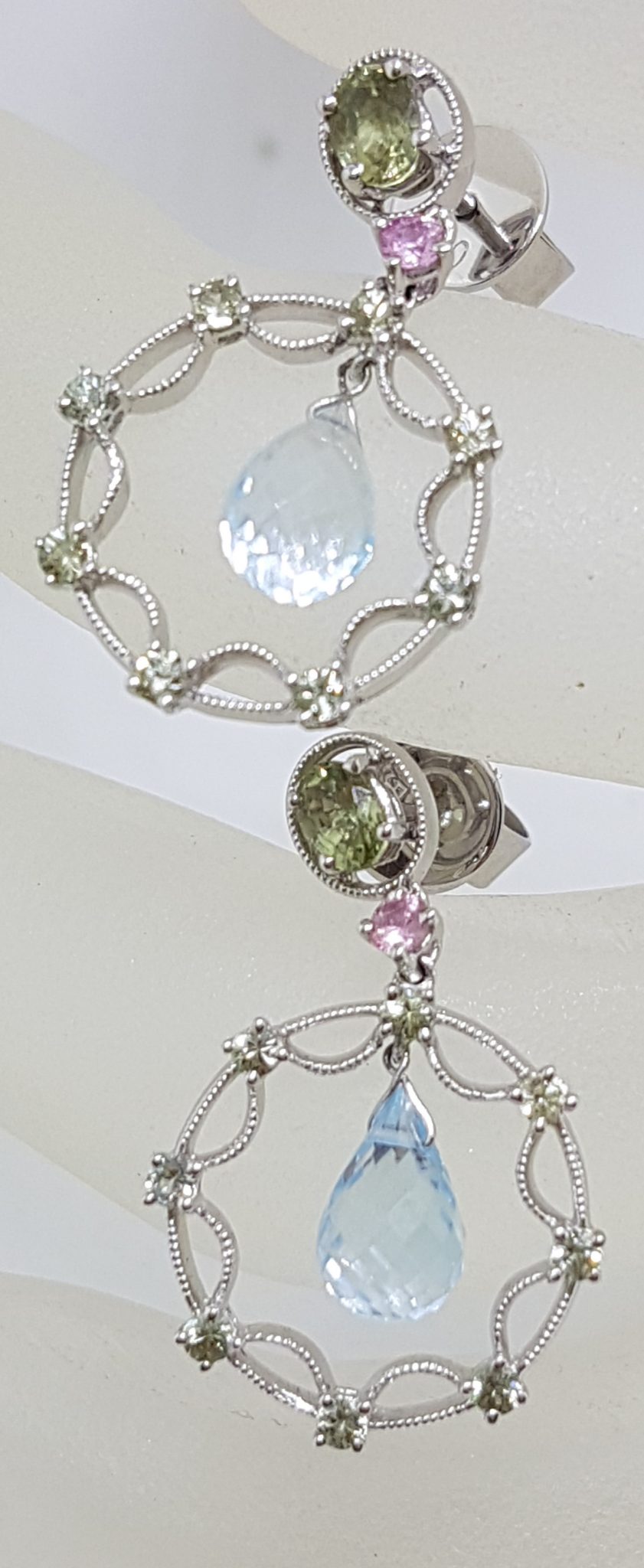 18ct White Gold Topaz, Pink Sapphire and Diamond Round Drop Earrings