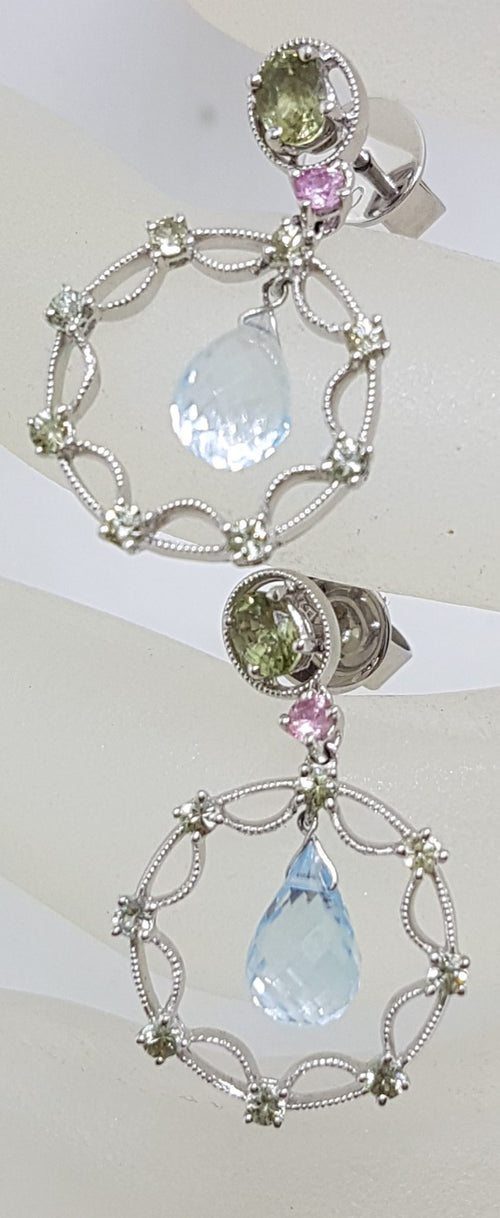 18ct White Gold Topaz, Pink Sapphire and Diamond Round Drop Earrings
