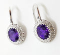 9ct White Gold Oval Amethyst and Diamond Cluster Drop Earrings