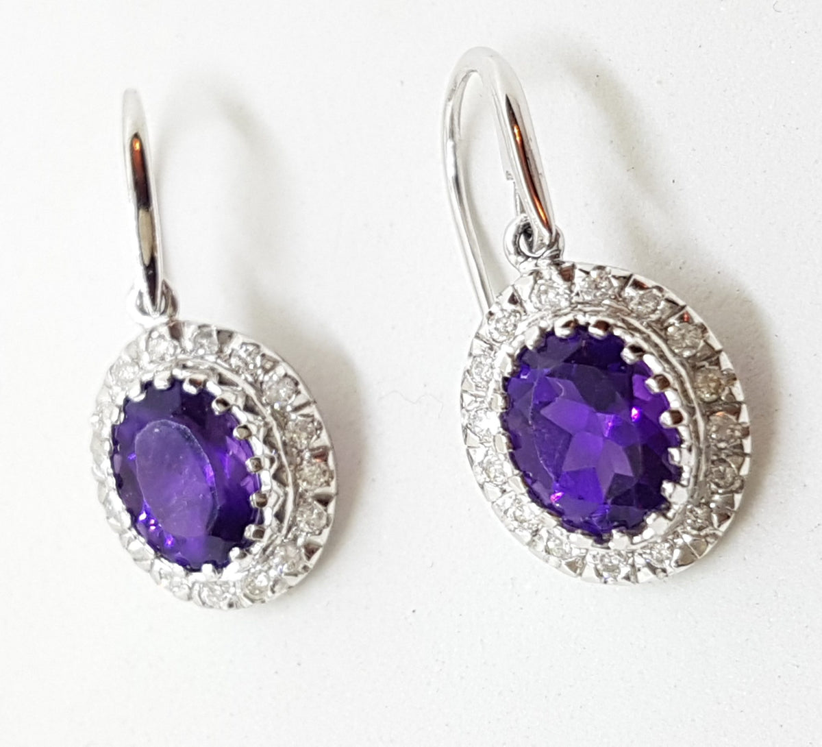 9ct White Gold Oval Amethyst and Diamond Cluster Drop Earrings