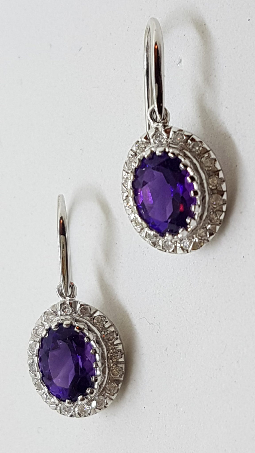 9ct White Gold Oval Amethyst and Diamond Cluster Drop Earrings