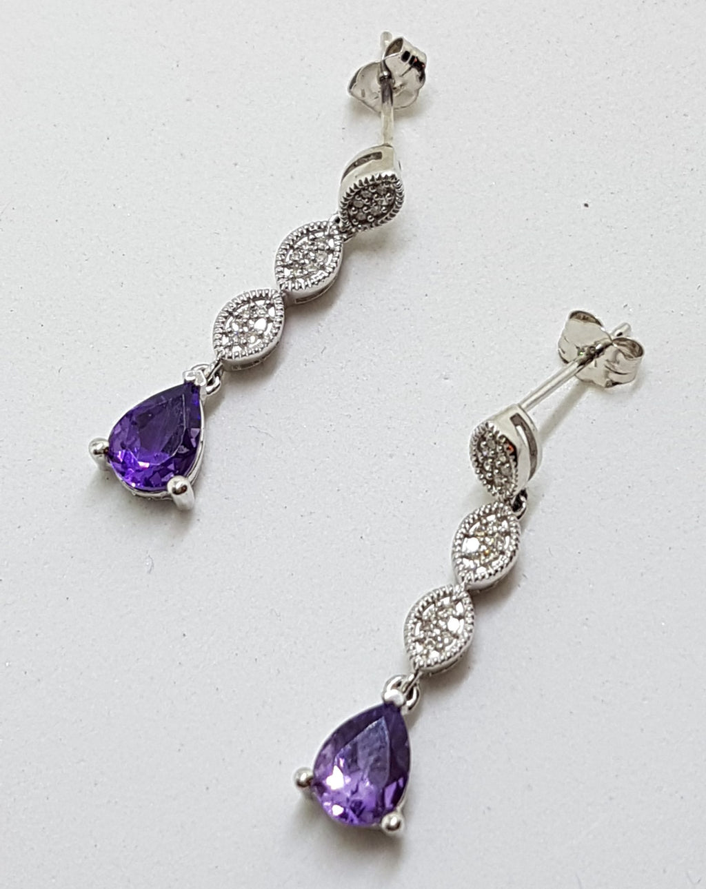 9ct White Gold Amethyst and Diamond Long Drop Earrings