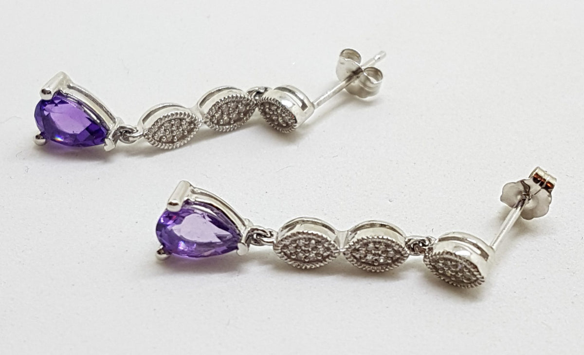 9ct White Gold Amethyst and Diamond Long Drop Earrings