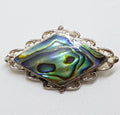 Sterling Silver Vintage Paua Shell Brooch - Ornate Marquis Shape
