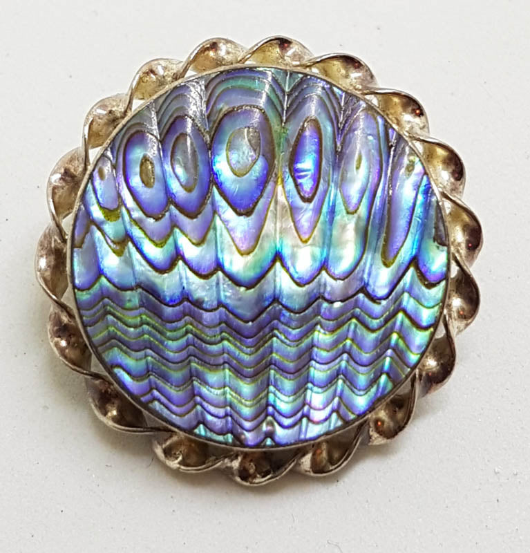 Sterling Silver Vintage Paua Shell Brooch - Ornate Round