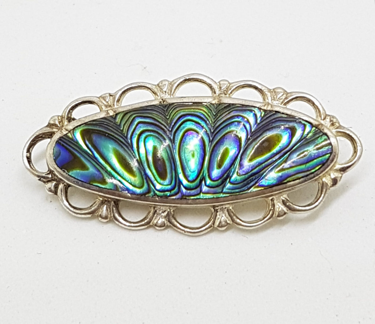 Sterling Silver Vintage Paua Shell Brooch – Ornate Oval