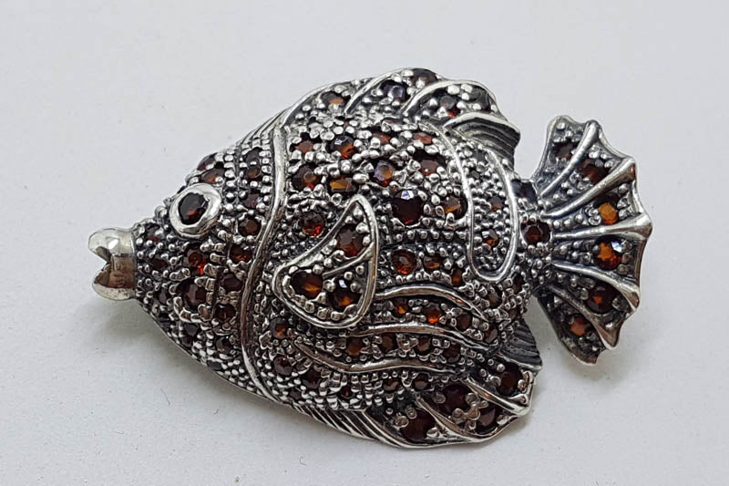 Sterling Silver Large Garnet Fish Brooch