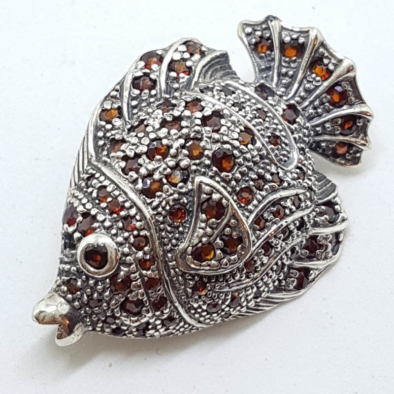 Sterling Silver Large Garnet Fish Brooch
