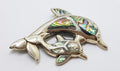 Sterling Silver Large Paua Shell Mother &amp; Child Dolphin Brooch / Pendant