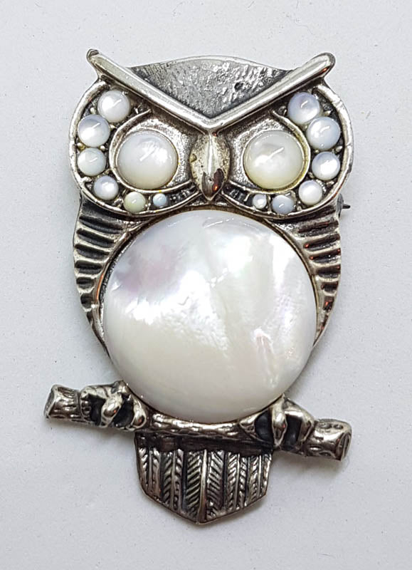 Sterling Silver Very Large Mother of Pearl Owl Bird Brooch