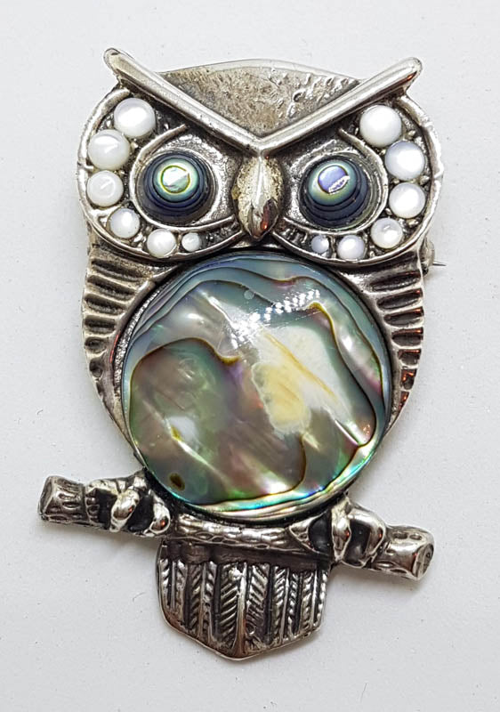Sterling Silver Very Large Mother of Pearl &amp; Paua Shell Owl Bird Brooch