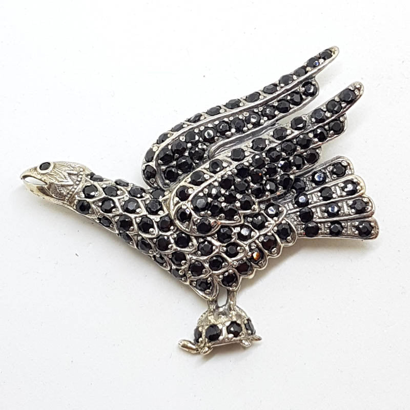 Sterling Silver Large Black Stone Eagle / Bird Brooch