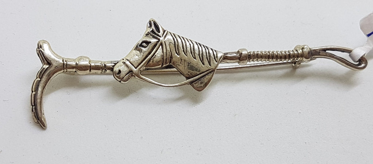 Sterling Silver Horse Head on Riders Crop / Whip Brooch - Equestrian