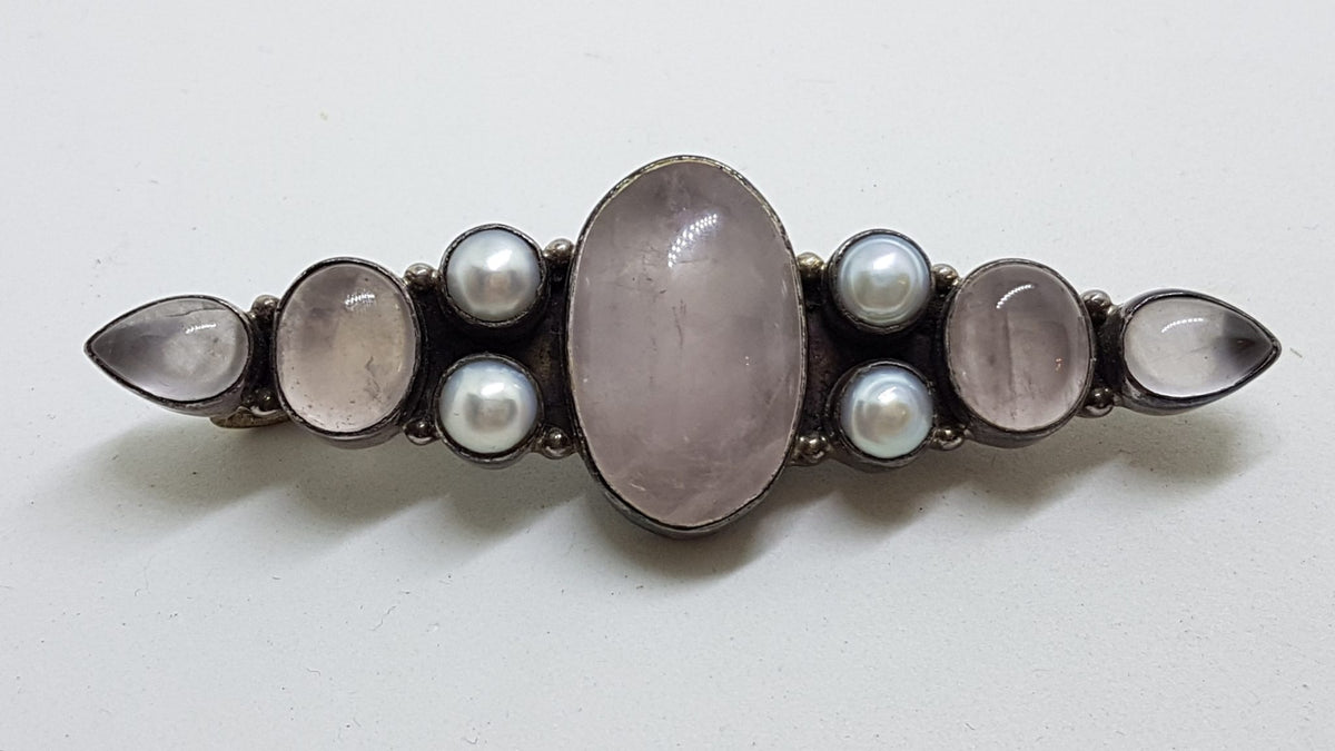 Sterling Silver Rose Quartz and Pearl Large &amp; Long Bar Brooch