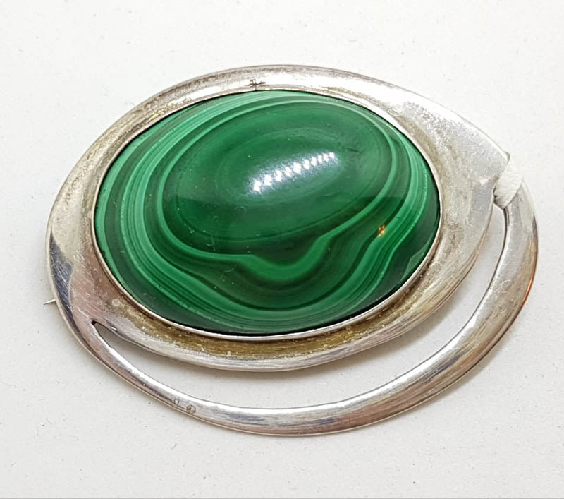 Sterling Silver Large Oval Malachite Brooch
