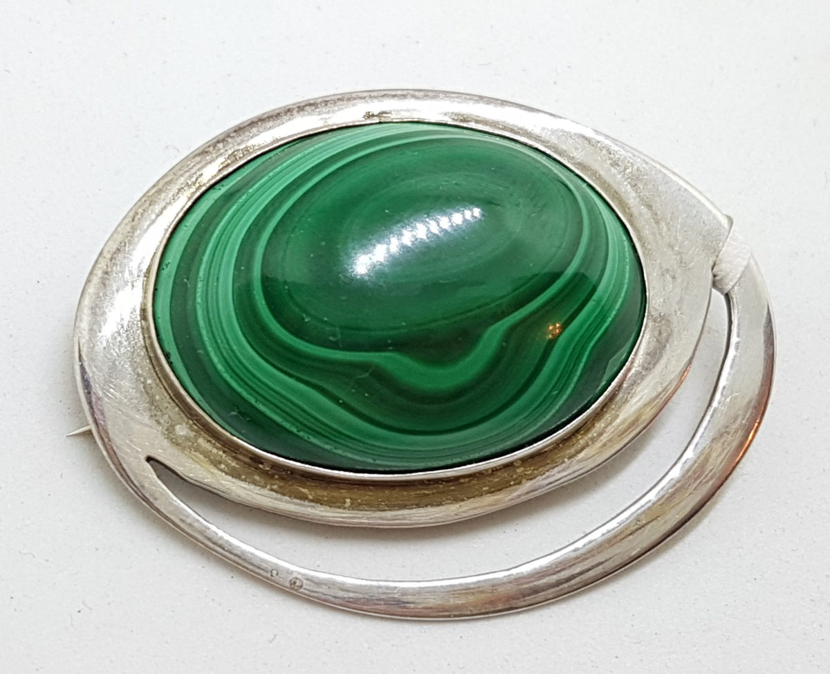 Sterling Silver Large Oval Malachite Brooch