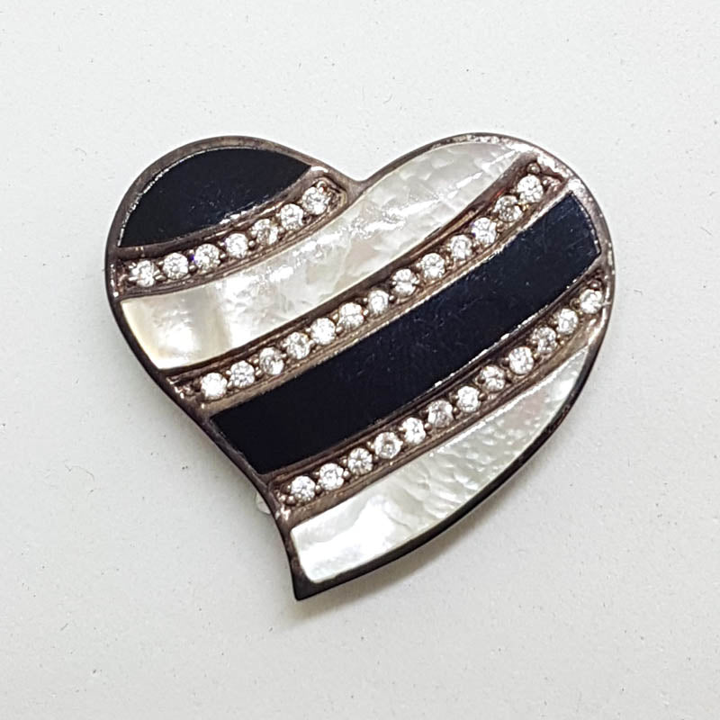 Sterling Silver Large Mother of Pearl, Black and Cubic Zirconia Heart Brooch / Pendant
