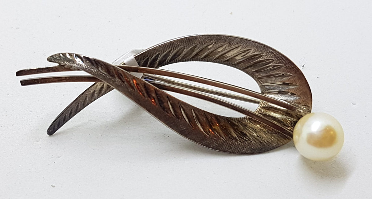 Sterling Silver Pearl Large Ornate Swirl Brooch - Vintage