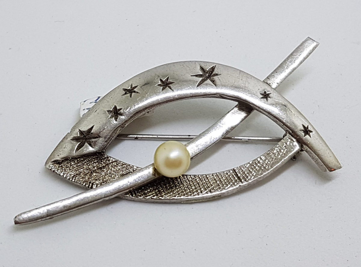 Sterling Silver Pearl Large Ornate Swirl Brooch - Vintage