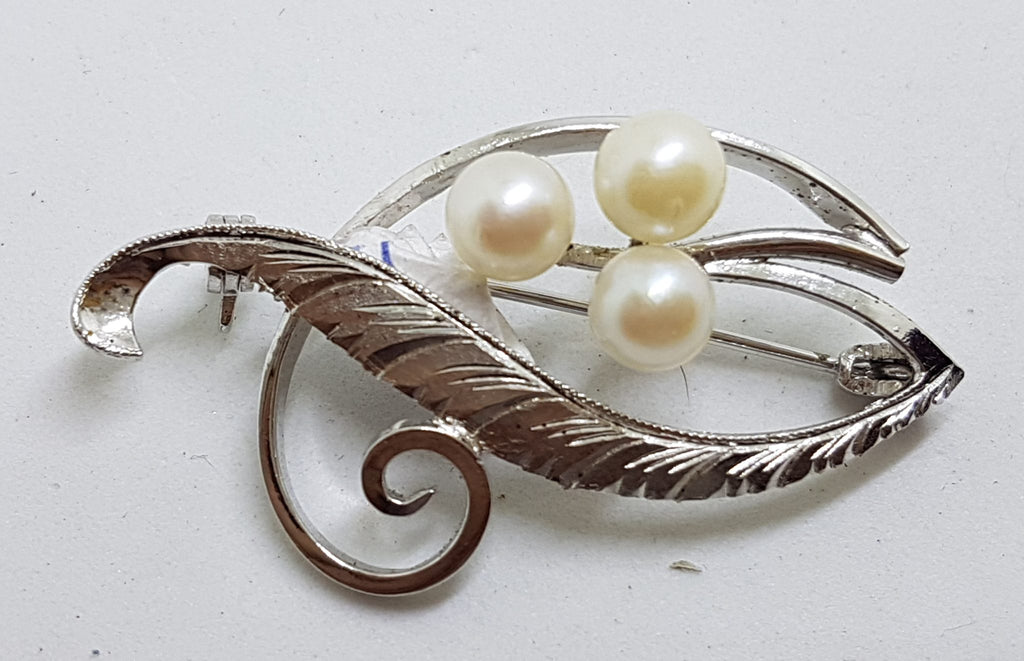 Sterling Silver Pearl Large Ornate Swirl Brooch - Vintage