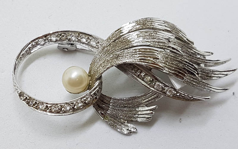 Sterling Silver Pearl &amp; Cubic Zirconia Large Ornate Spray Brooch - Vintage