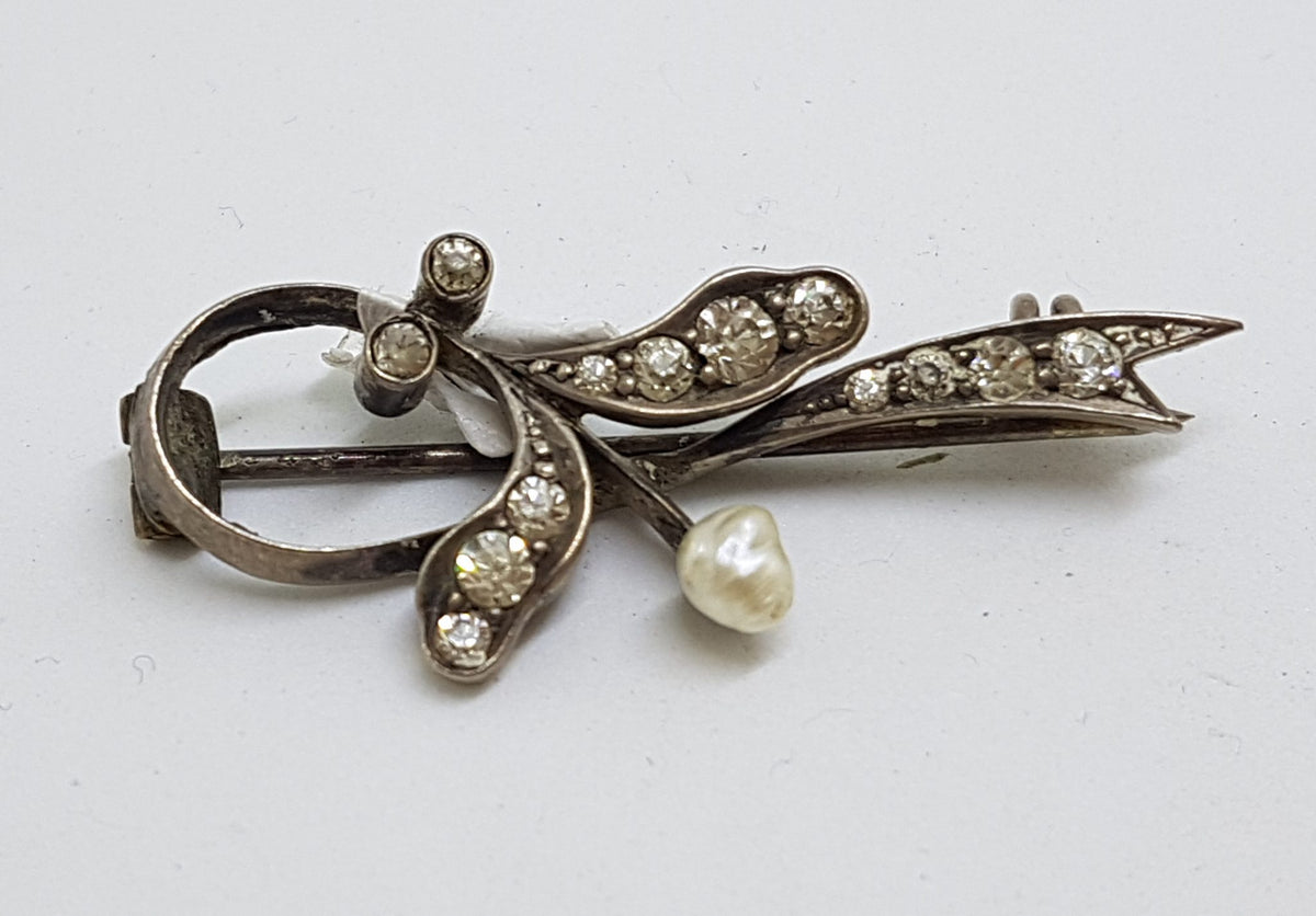 Sterling Silver Pearl and Cubic Zirconia Bar Brooch - Vintage