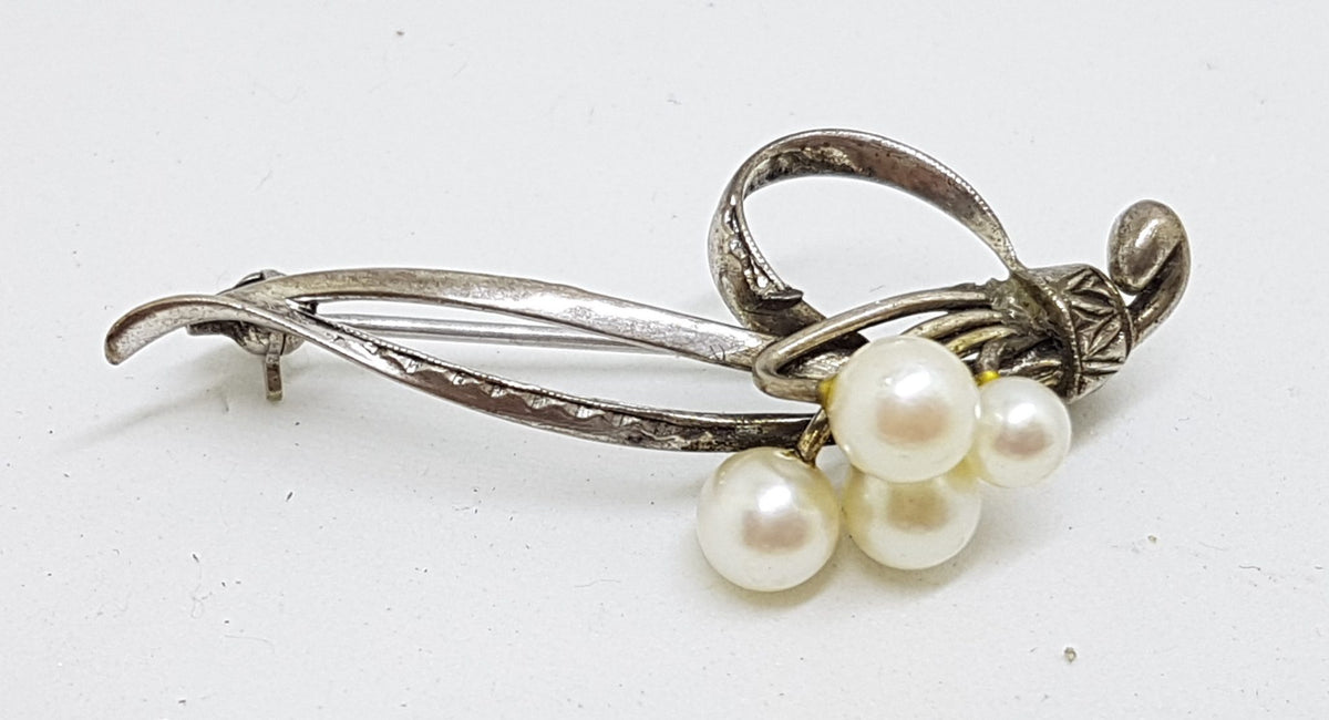 Sterling Silver Pearl Swirl Bar Brooch - Vintage