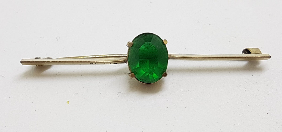 Sterling Silver Oval Green Stone Bar Brooch - Vintage