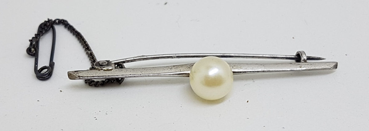 Sterling Silver Pearl Bar Brooch - Vintage