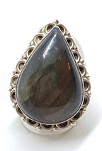 Sterling Silver Very Large Ornate Teardrop Shape Labradorite Ring