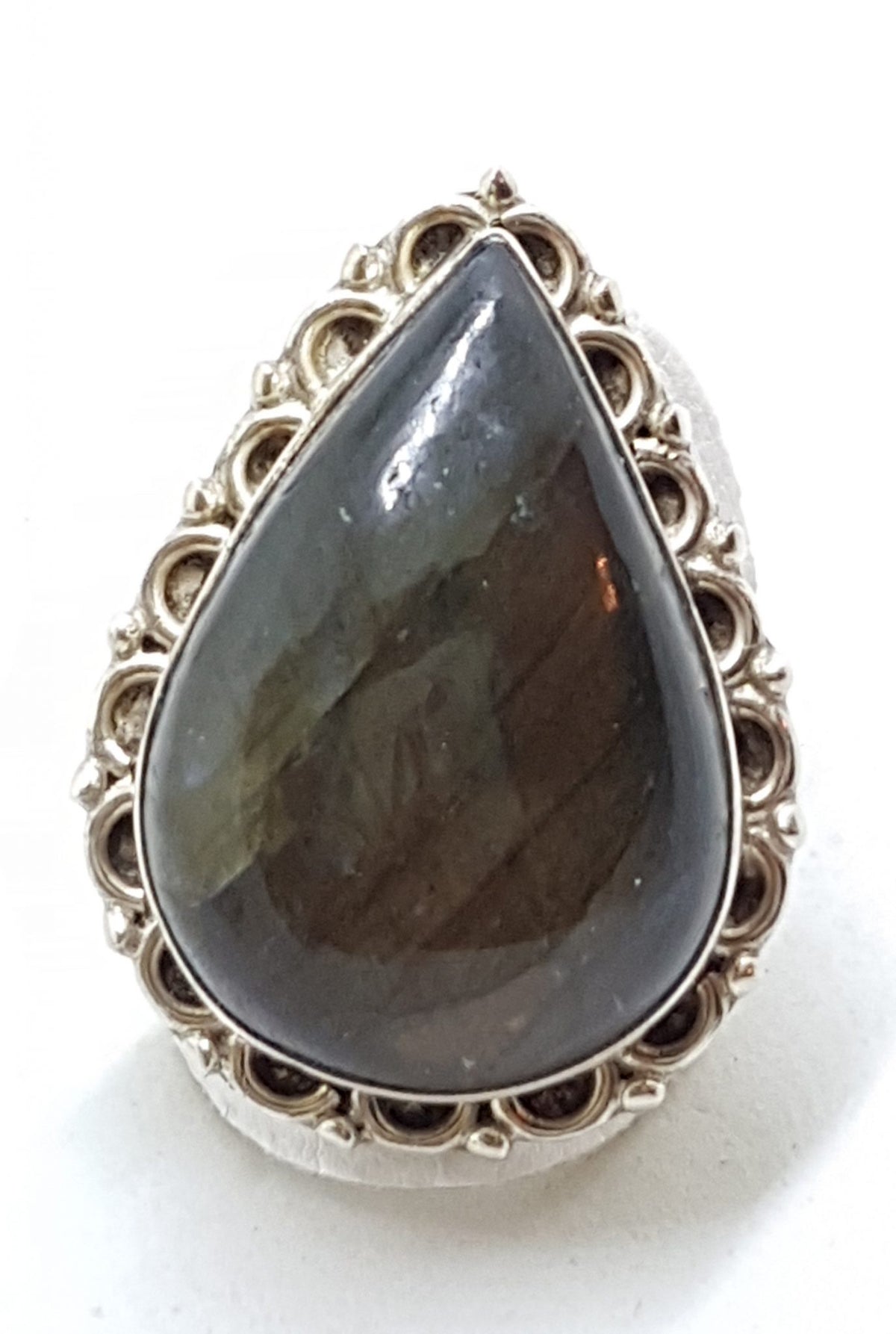 Sterling Silver Very Large Ornate Teardrop Shape Labradorite Ring