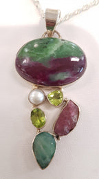 Sterling Silver Large Ruby Zoisite, Ruby, Emerald, Peridot &amp; Pearl Pendant on Silver Chain