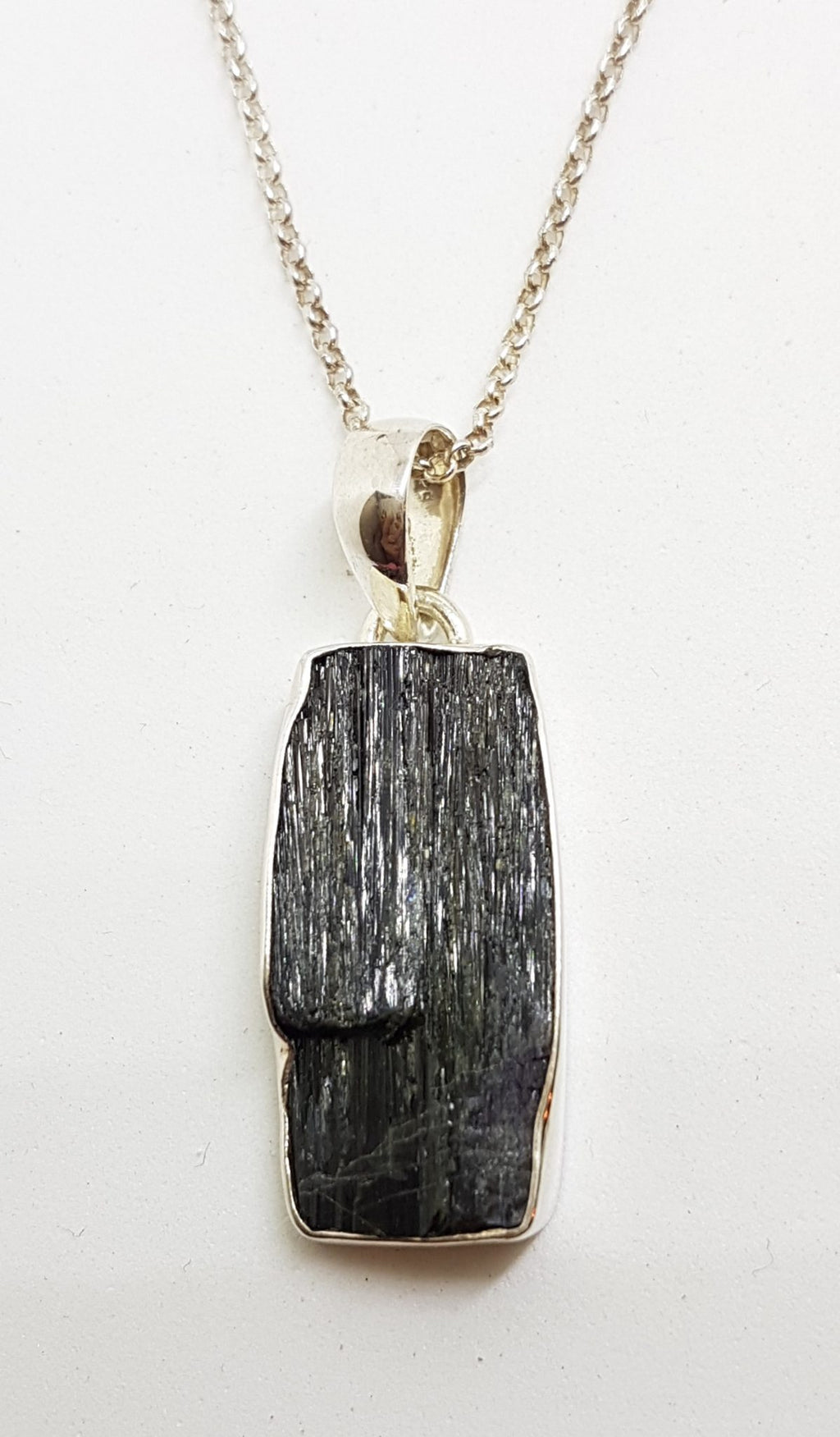 Sterling Silver Rectangular Black Tourmaline Pendant on Silver Chain