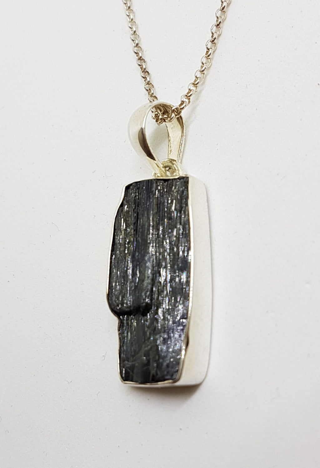 Sterling Silver Rectangular Black Tourmaline Pendant on Silver Chain