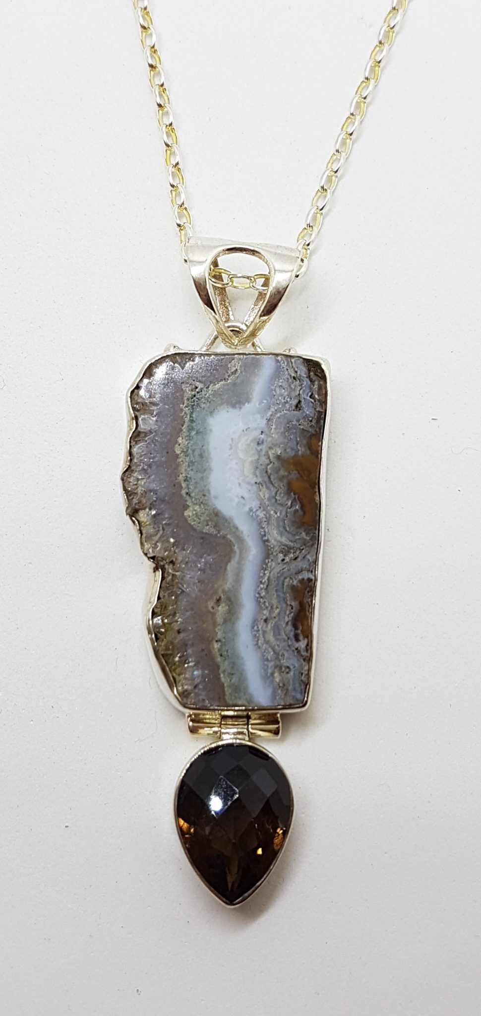 Sterling Silver Long / Large Amethyst Slice with Smokey Quartz Pendant on Silver Chain