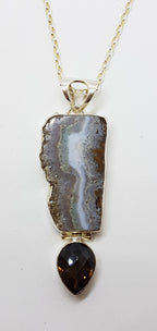 Sterling Silver Long / Large Amethyst Slice with Smokey Quartz Pendant on Silver Chain