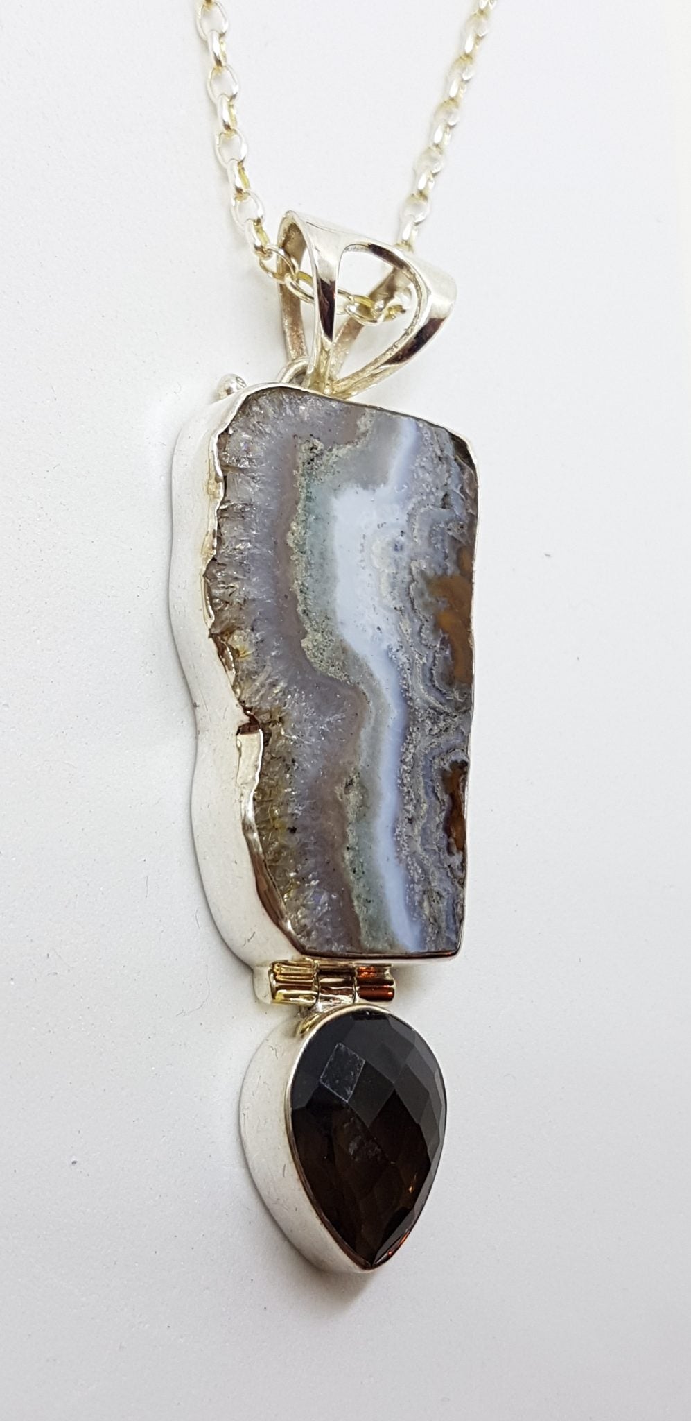 Sterling Silver Long / Large Amethyst Slice with Smokey Quartz Pendant on Silver Chain