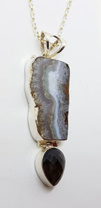 Sterling Silver Long / Large Amethyst Slice with Smokey Quartz Pendant on Silver Chain