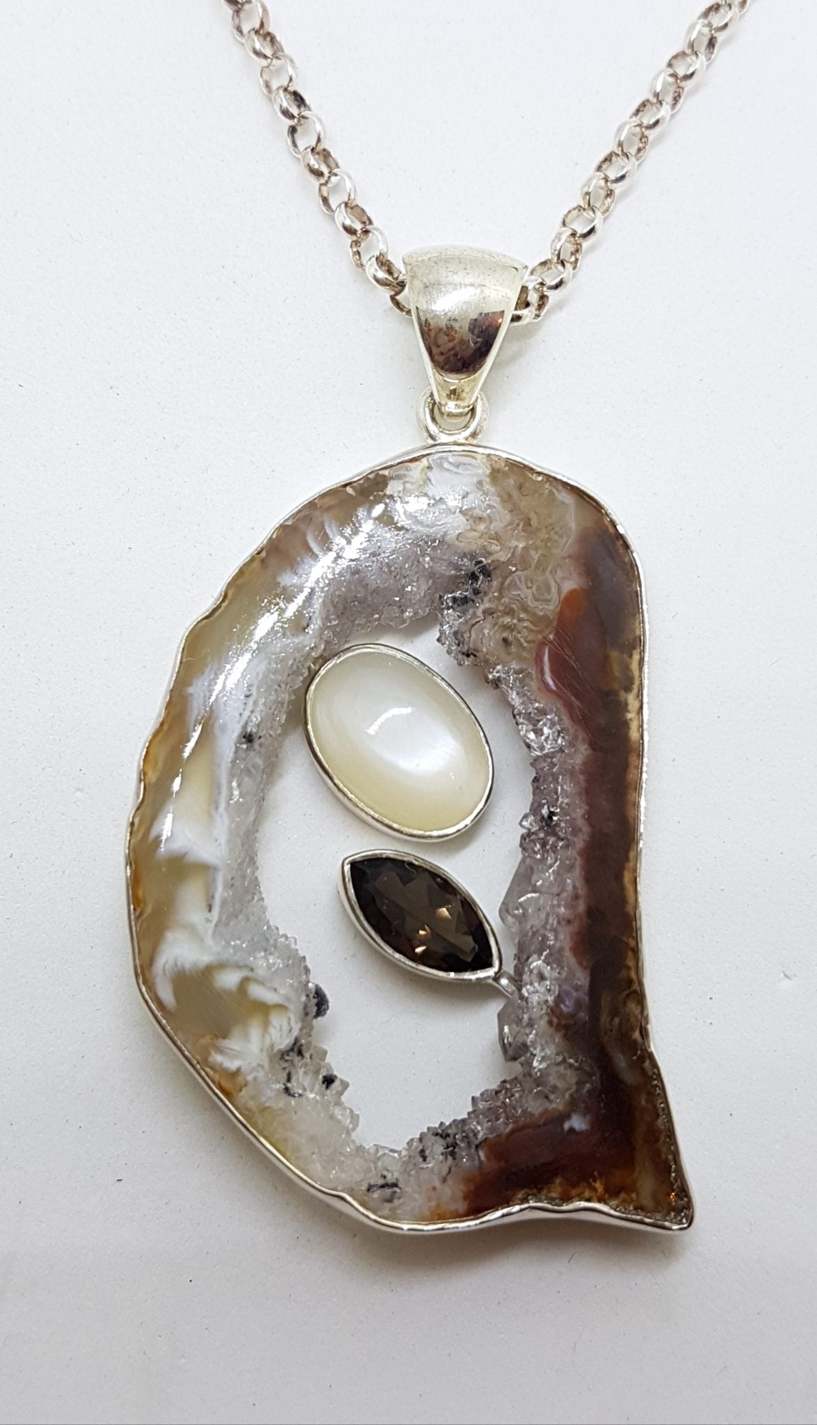 Sterling Silver Druzy Agate with Mother of Pearl and Smokey Quartz Pendant on Silver Chain