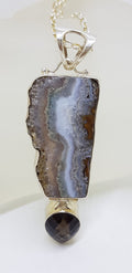 Sterling Silver Long / Large Amethyst Slice with Smokey Quartz Pendant on Silver Chain