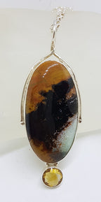Sterling Silver Very Large Oval Mookaite and Citrine Pendant on Silver Chain