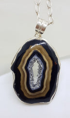 Sterling Silver Large Black Druzy Onyx Pendant on Silver Chain
