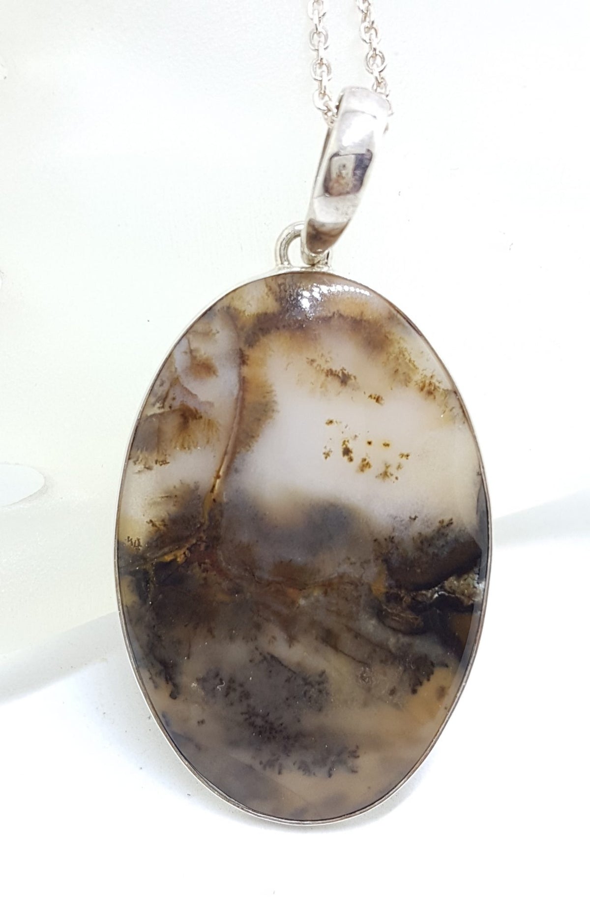 Sterling Silver Large Oval Russian Dendrite Pendant on Silver Chain
