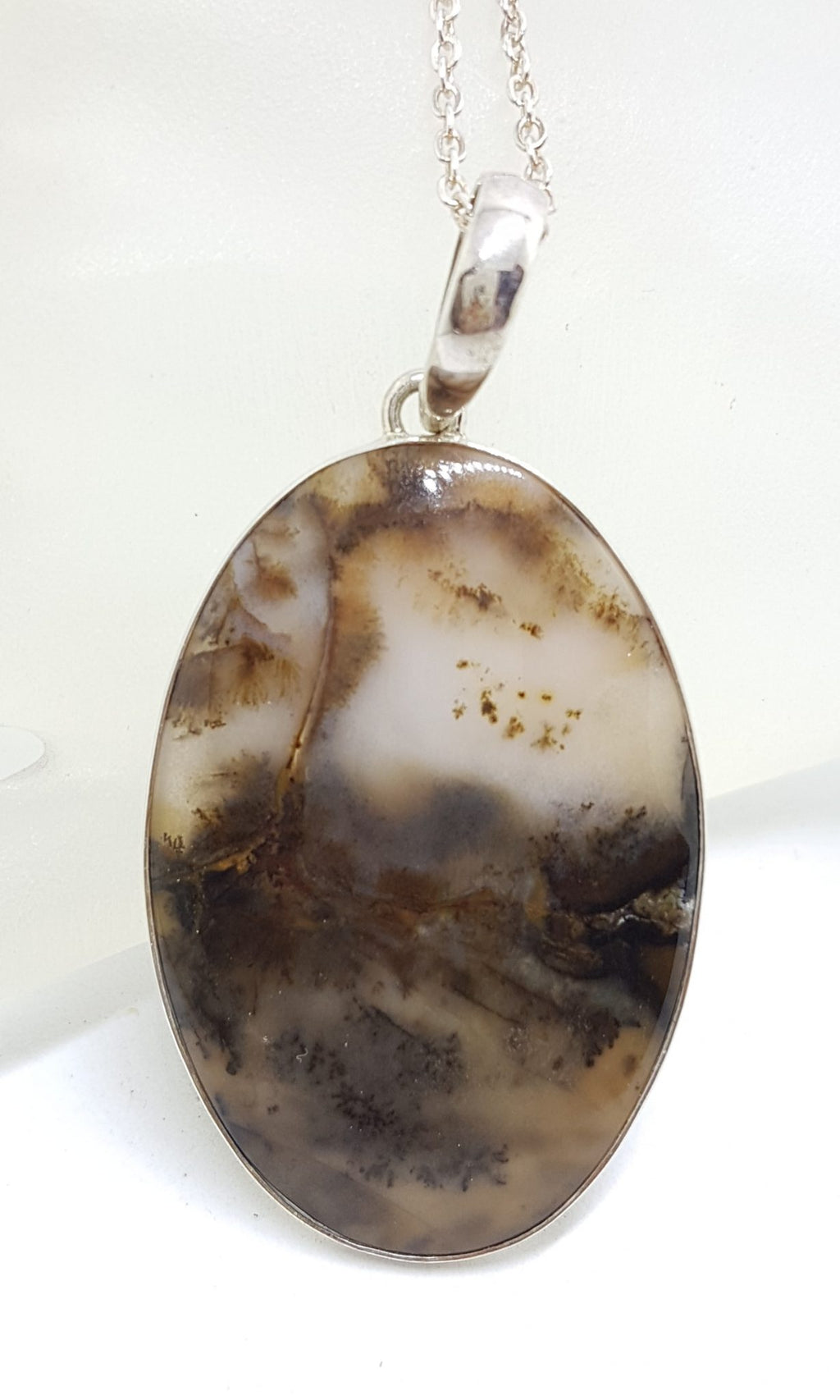Sterling Silver Large Oval Russian Dendrite Pendant on Silver Chain