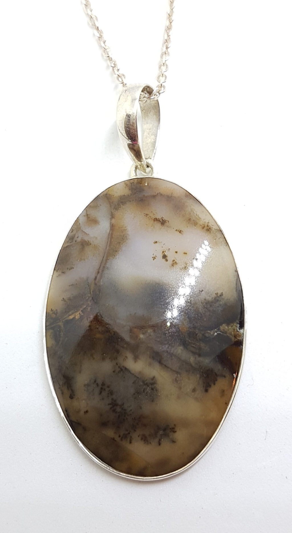 Sterling Silver Large Oval Russian Dendrite Pendant on Silver Chain