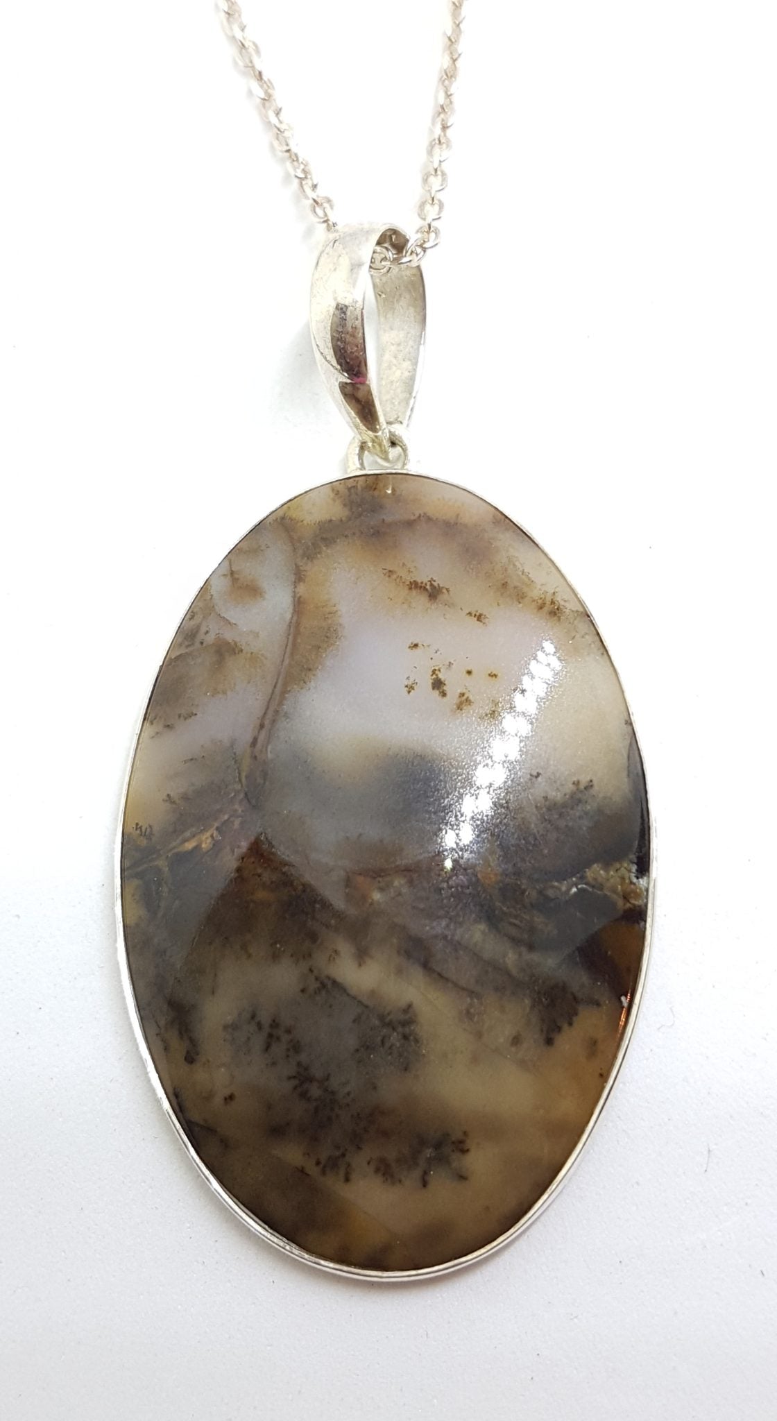 Sterling Silver Large Oval Russian Dendrite Pendant on Silver Chain