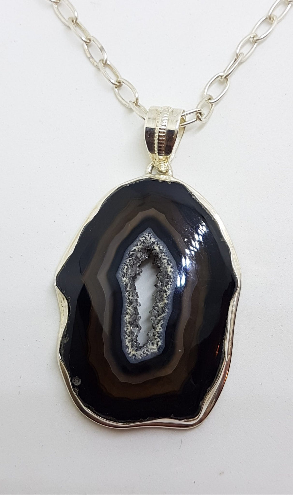 Sterling Silver Large Black Druzy Onyx Pendant on Silver Chain