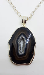 Sterling Silver Large Black Druzy Onyx Pendant on Silver Chain